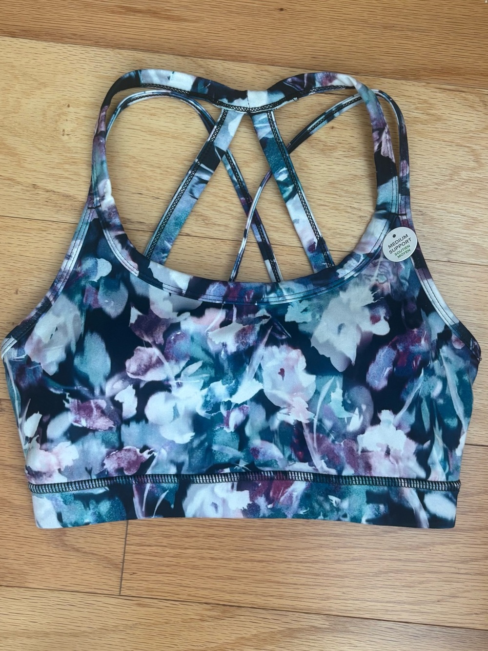 Gaiam NWT Floral Strappy Sports Bra XS Medium Support Blue Purple Yoga - Picture 3 of 10